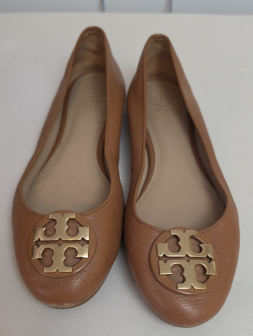 Tory Burch Cognac Leather Logo Round-Toe Ballet Flats Sz 8M
